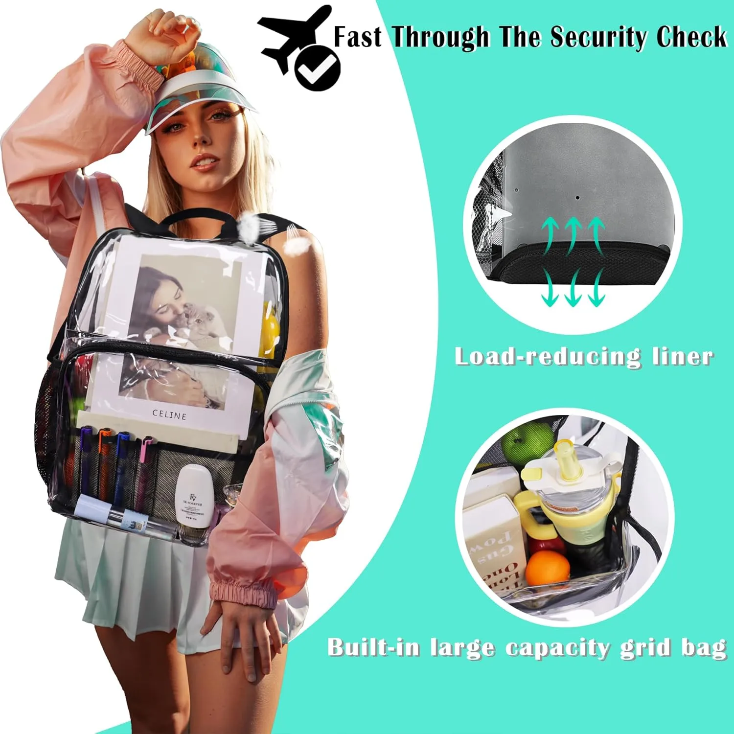 Clear Backpacks for School,18'' Large Clear Backpack Heavy Duty Clear Backpack See Through Backpack Clear Bookbag for Student,School,Work,Travel,Light Purple