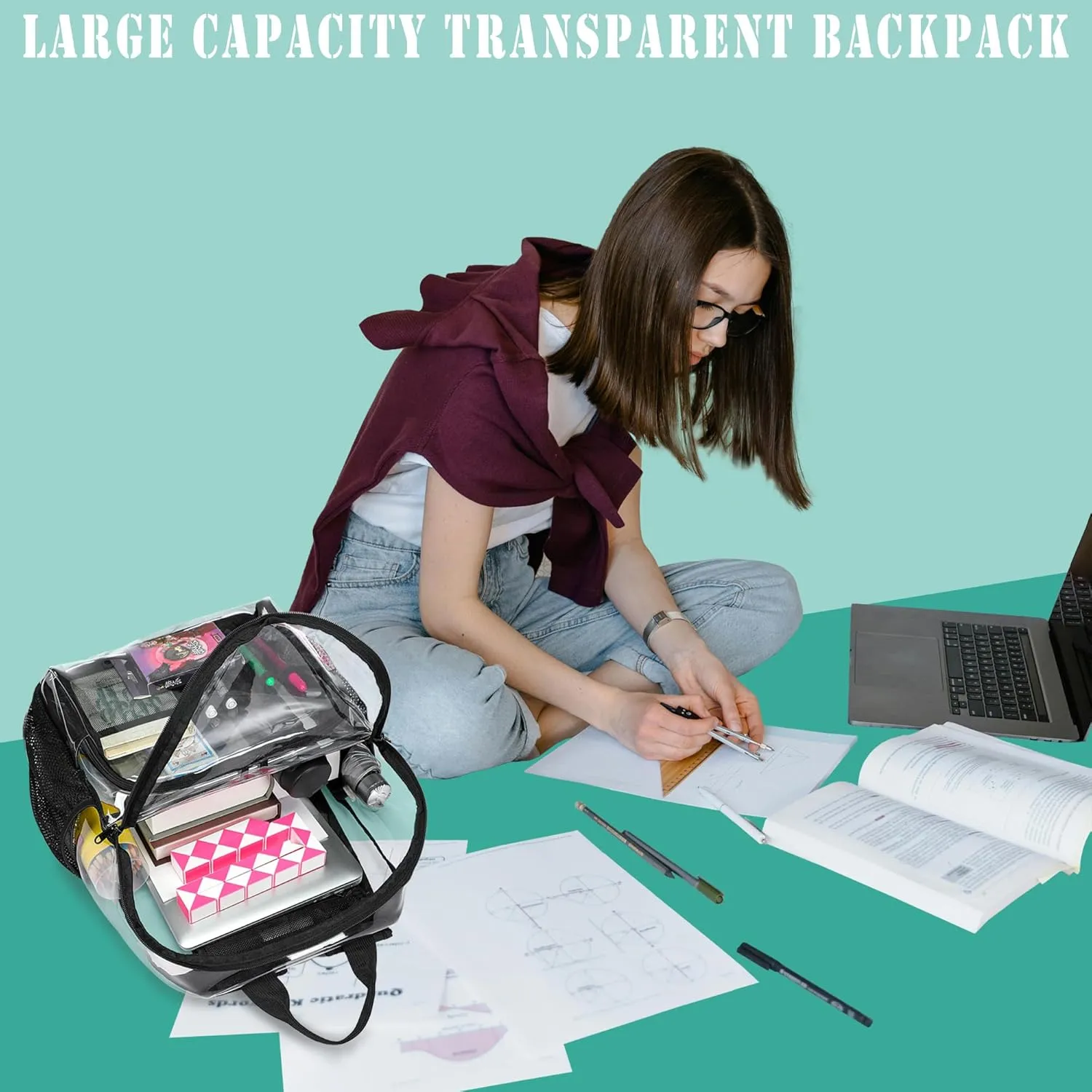 Clear Backpacks for School,18'' Large Clear Backpack Heavy Duty Clear Backpack See Through Backpack Clear Bookbag for Student,School,Work,Travel,Light Purple