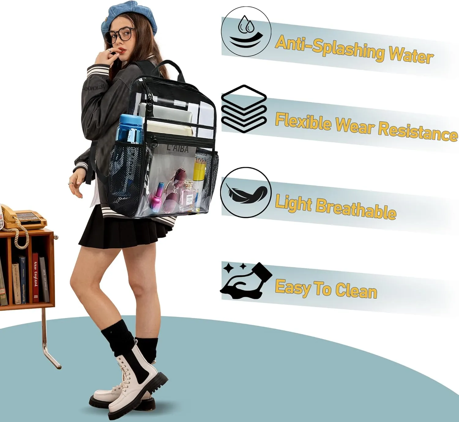 Clear Backpacks for School,Clear Bookbag 0.6mm PVC See Through Backpack Heavy Duty Transparent Backpack for Boys Girls College Work,Black