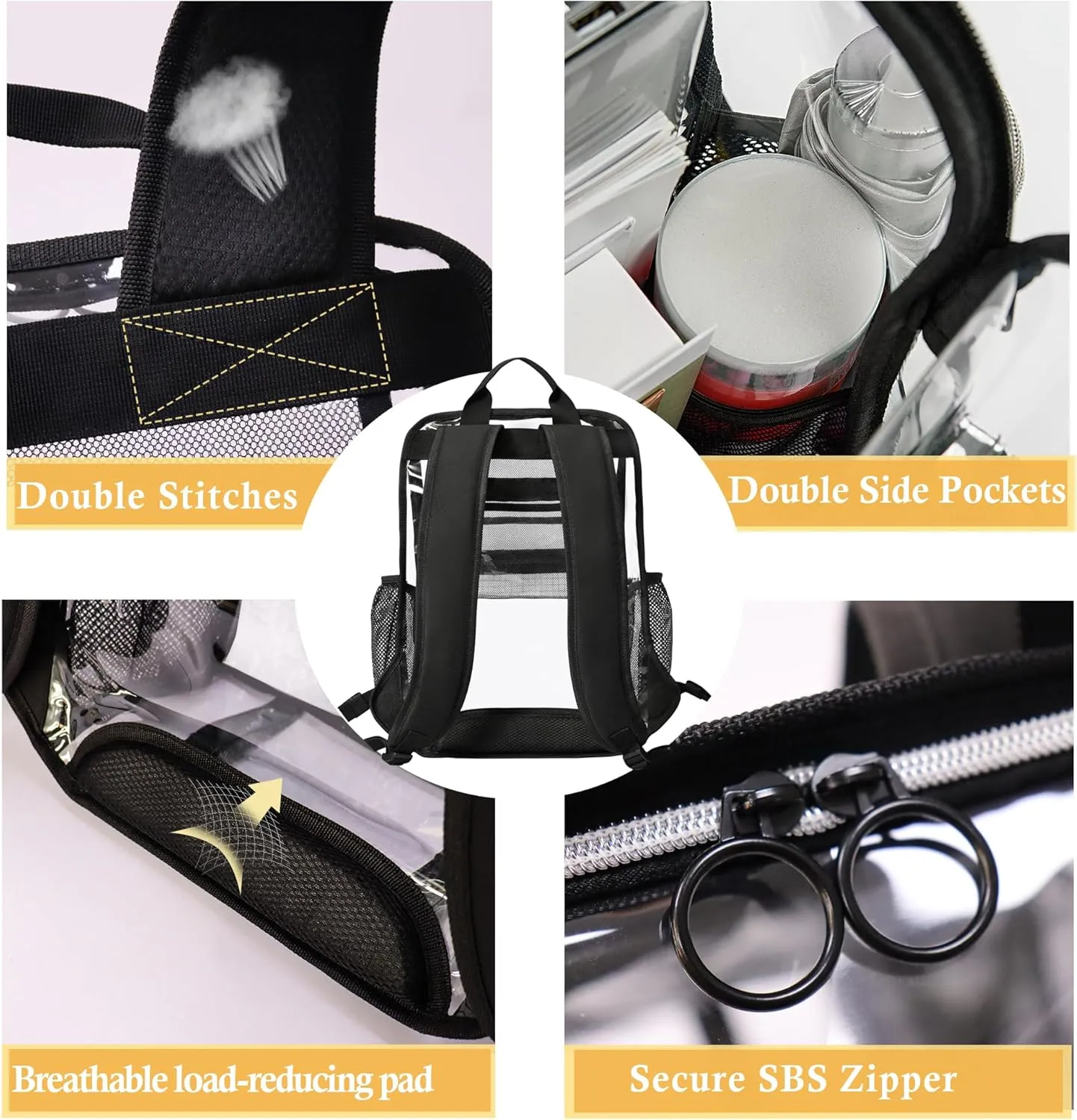 Clear Backpacks for School,Clear Bookbag 0.6mm PVC See Through Backpack Heavy Duty Transparent Backpack for Boys Girls College Work,Black