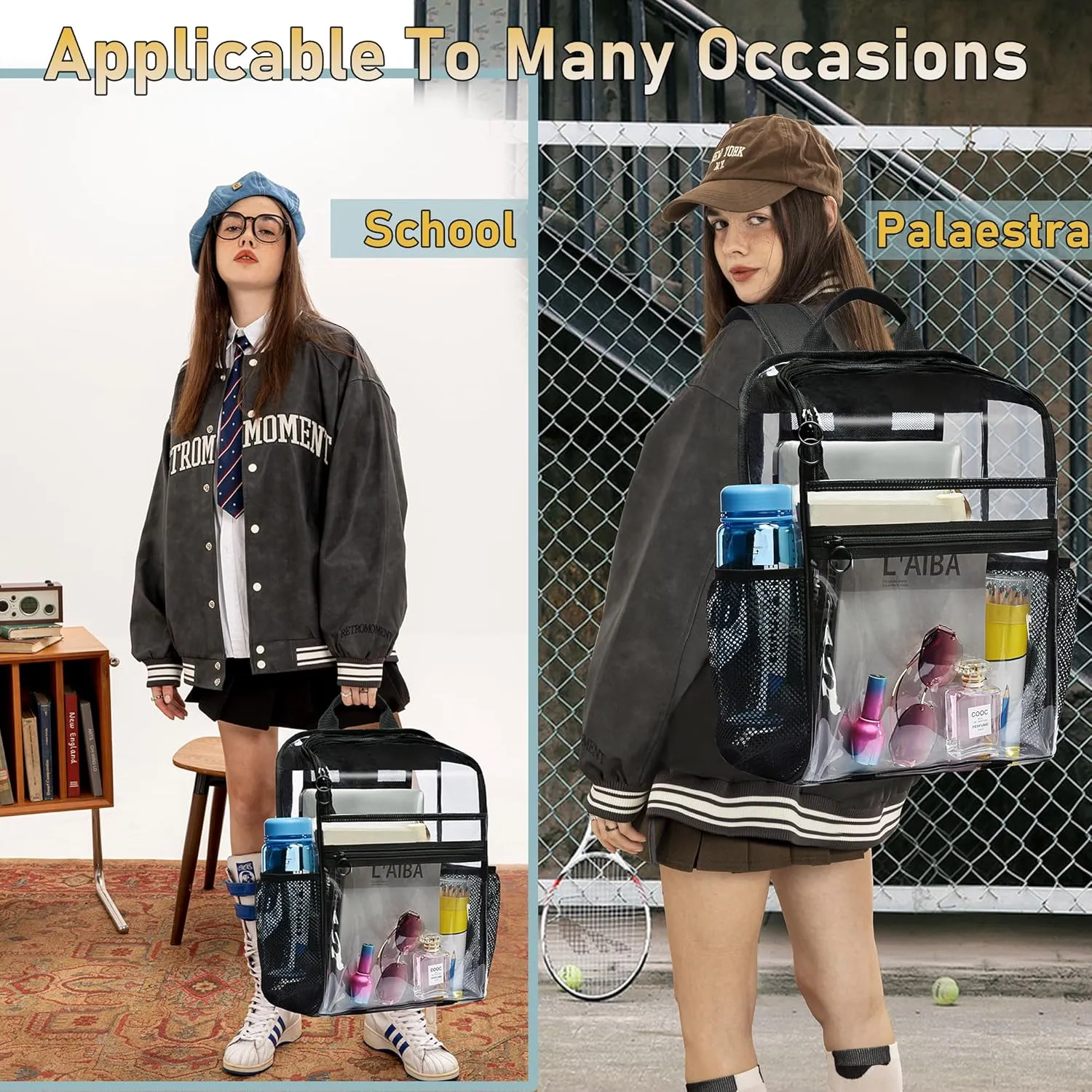 Clear Backpacks for School,Clear Bookbag 0.6mm PVC See Through Backpack Heavy Duty Transparent Backpack for Boys Girls College Work,Black