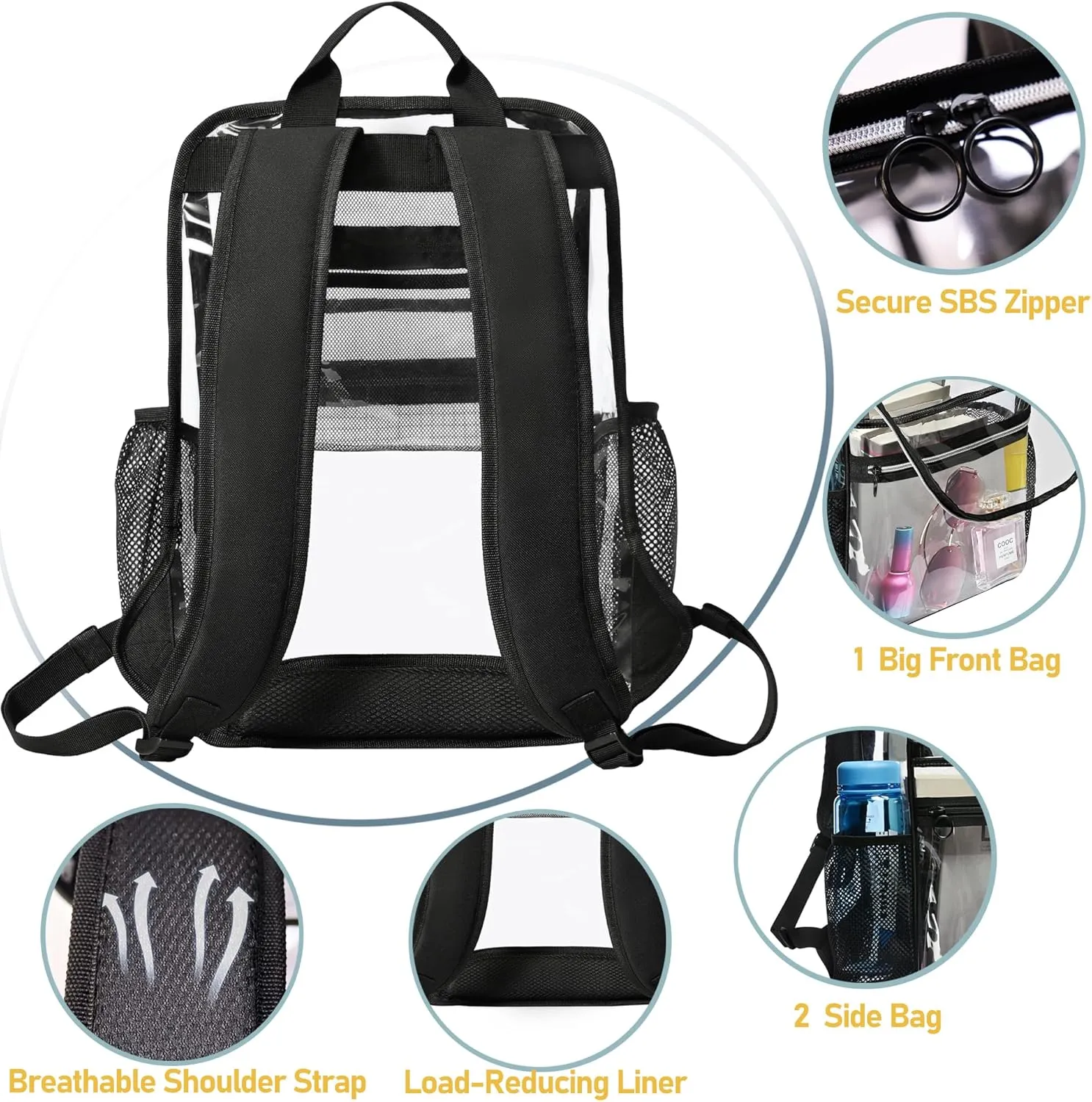 Clear Backpacks for School,Clear Bookbag 0.6mm PVC See Through Backpack Heavy Duty Transparent Backpack for Boys Girls College Work,Black