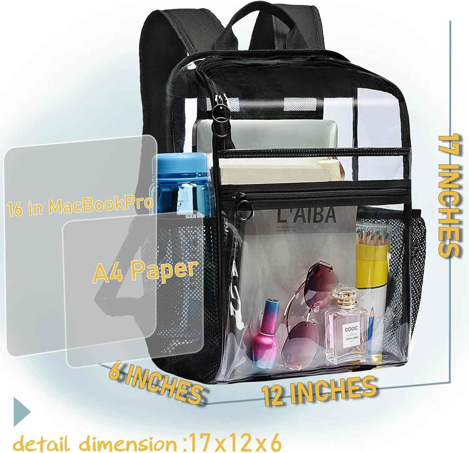 Clear Backpacks for School,Clear Bookbag 0.6mm PVC See Through Backpack Heavy Duty Transparent Backpack for Boys Girls College Work,Black