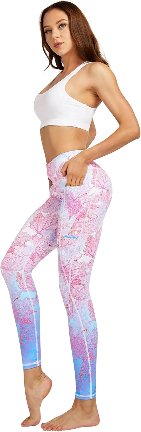 COOLOMG Women Leggings Breast Cancer Awareness Yoga Pants Pink Ribbon Tights with Side Pockets