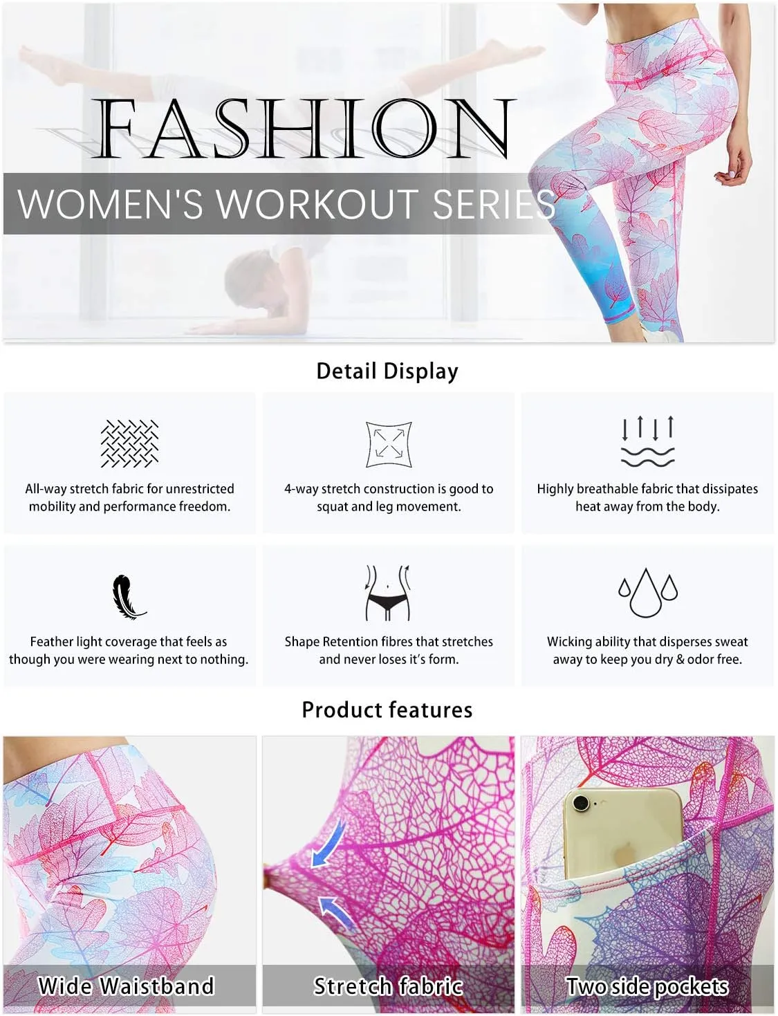 COOLOMG Women Leggings Breast Cancer Awareness Yoga Pants Pink Ribbon Tights with Side Pockets