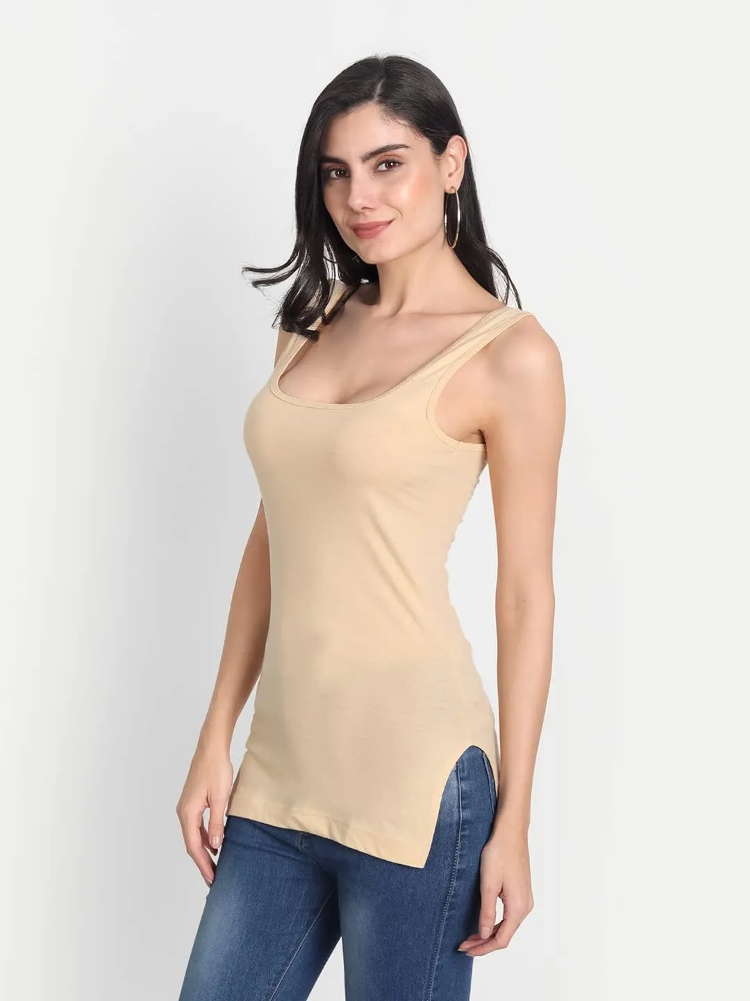 Cotton Medium Length Slips Camisole Shoulder Straps Tank Top for Women Pack of 3