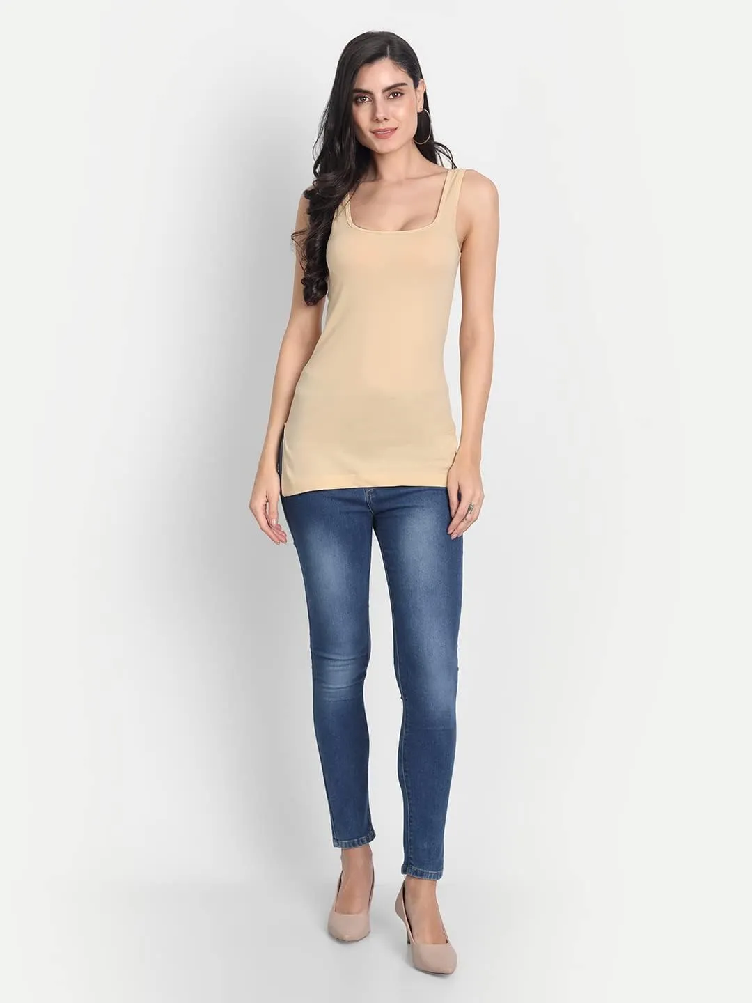 Cotton Medium Length Slips Camisole Shoulder Straps Tank Top for Women Pack of 3