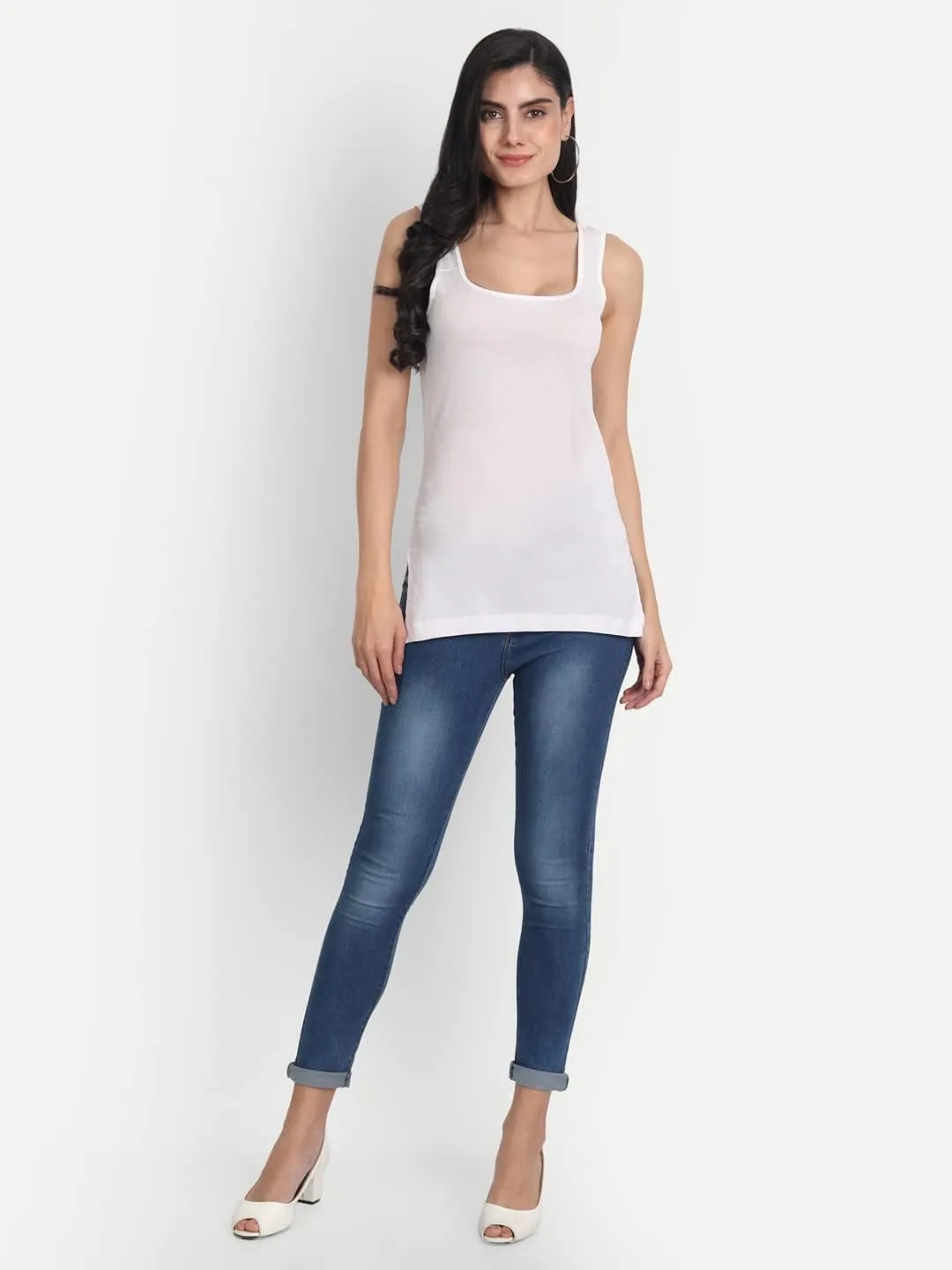 Cotton Medium Length Slips Camisole Shoulder Straps Tank Top for Women Pack of 3