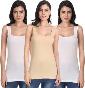 Cotton Medium Length Slips Camisole Shoulder Straps Tank Top for Women Pack of 3