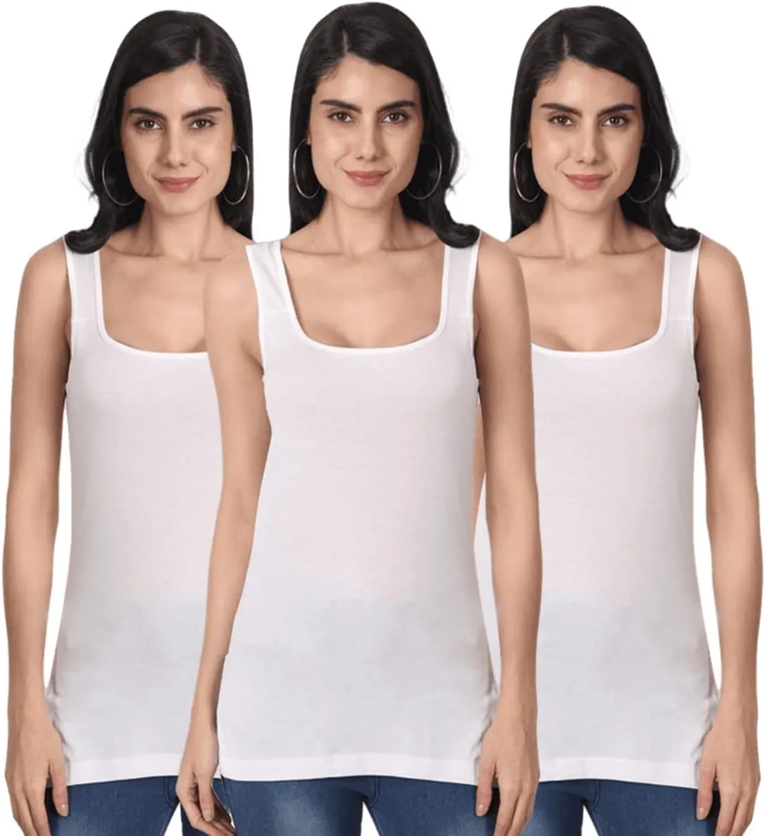 Cotton Medium Length Slips Camisole Shoulder Straps Tank Top for Women Pack of 3