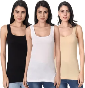 Cotton Medium Length Slips Camisole Shoulder Straps Tank Top for Women Pack of 3
