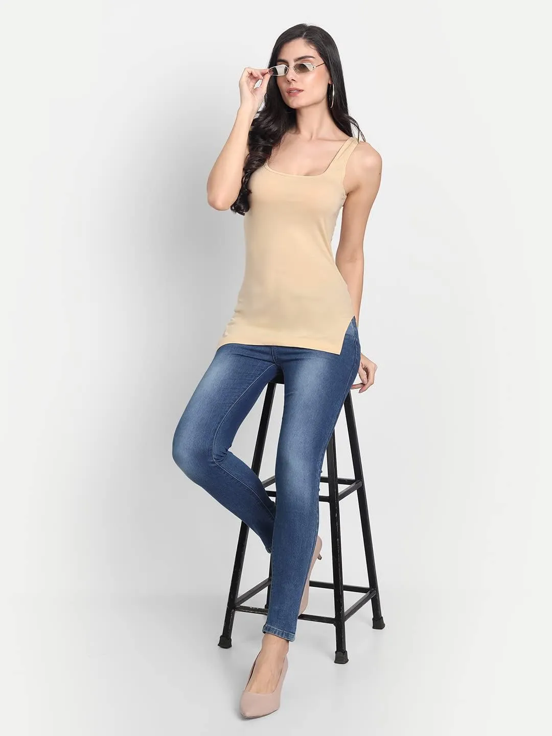 Cotton Medium Length Slips Camisole Shoulder Straps Tank Top for Women Pack of 3