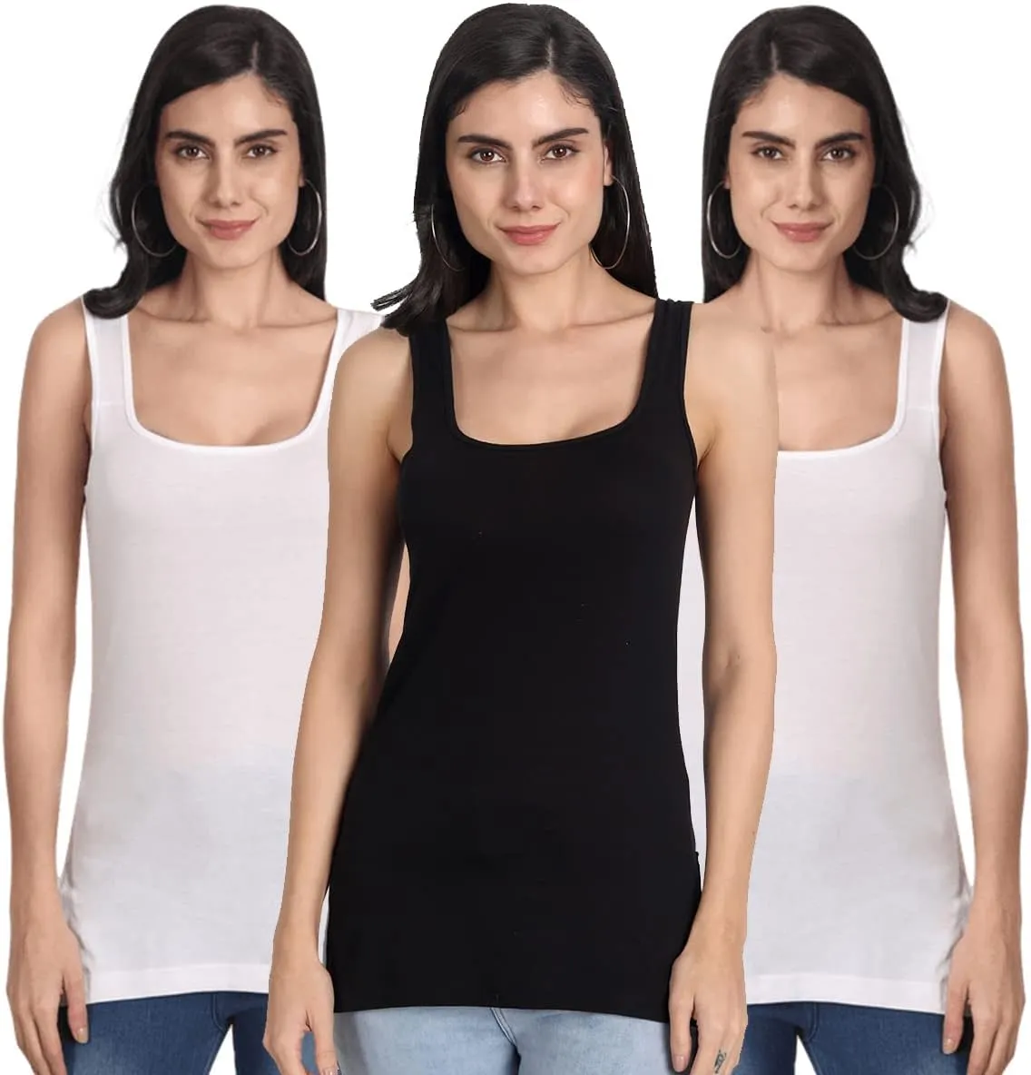 Cotton Medium Length Slips Camisole Shoulder Straps Tank Top for Women Pack of 3