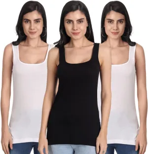 Cotton Medium Length Slips Camisole Shoulder Straps Tank Top for Women Pack of 3