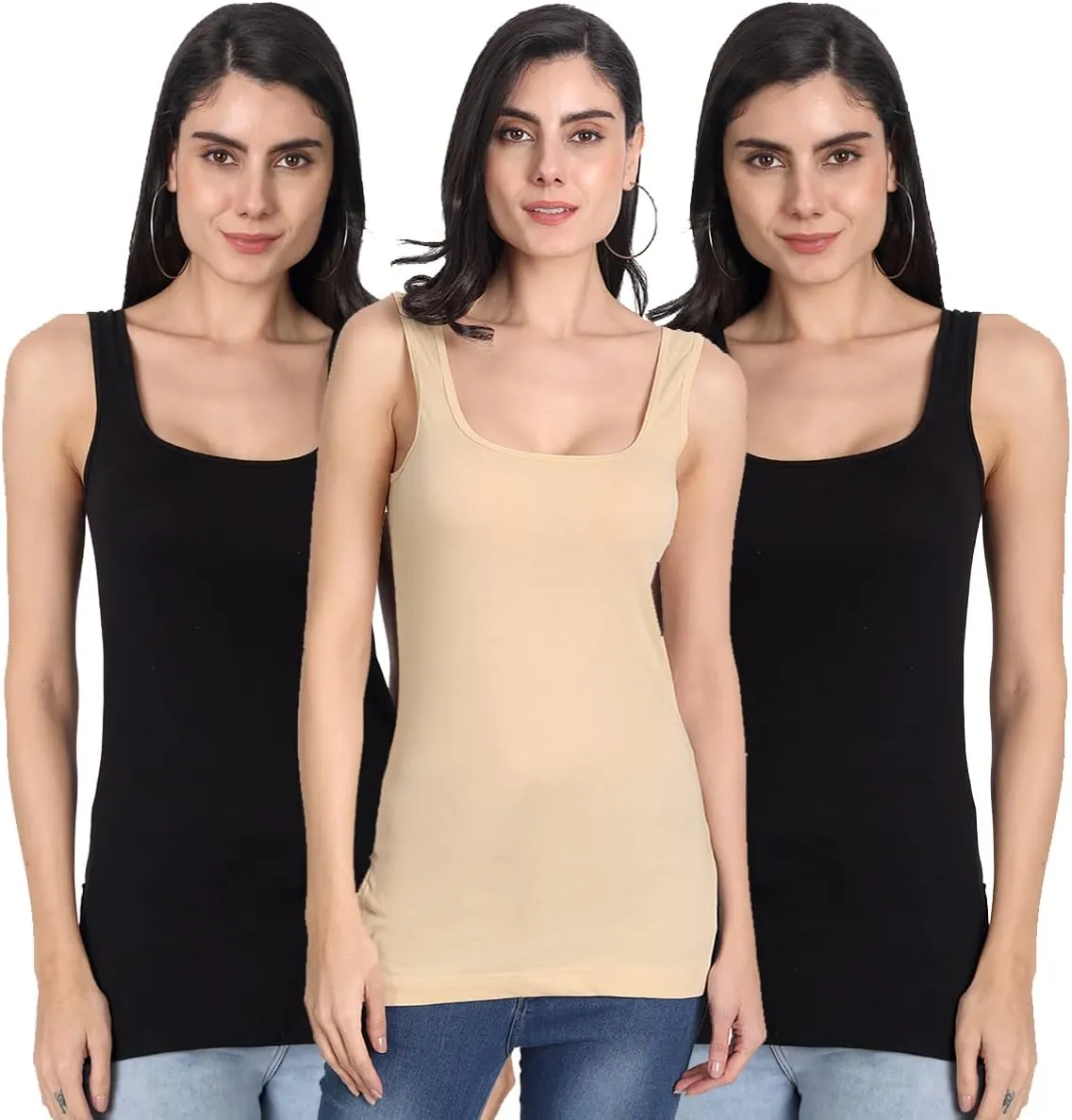 Cotton Medium Length Slips Camisole Shoulder Straps Tank Top for Women Pack of 3