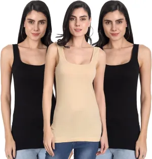 Cotton Medium Length Slips Camisole Shoulder Straps Tank Top for Women Pack of 3