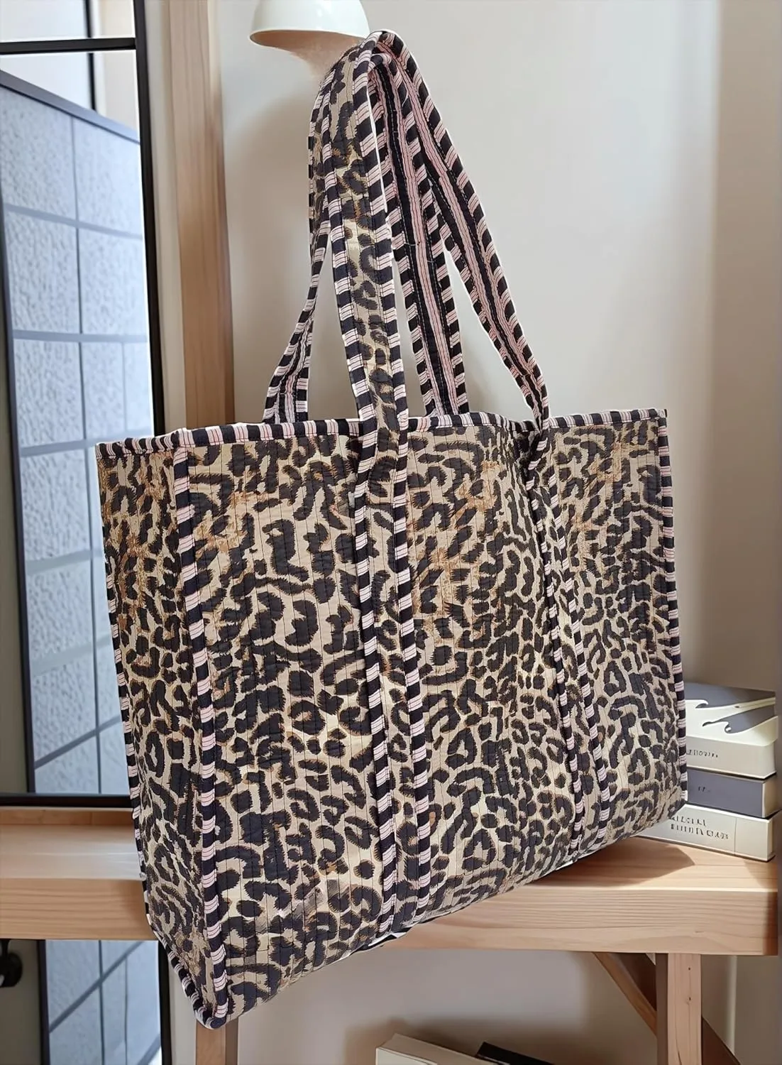 Cotton Tiger Block Print Tote Bag, Indian Handmade Shopping Shoulder Bag, Unisex Market Daily Use