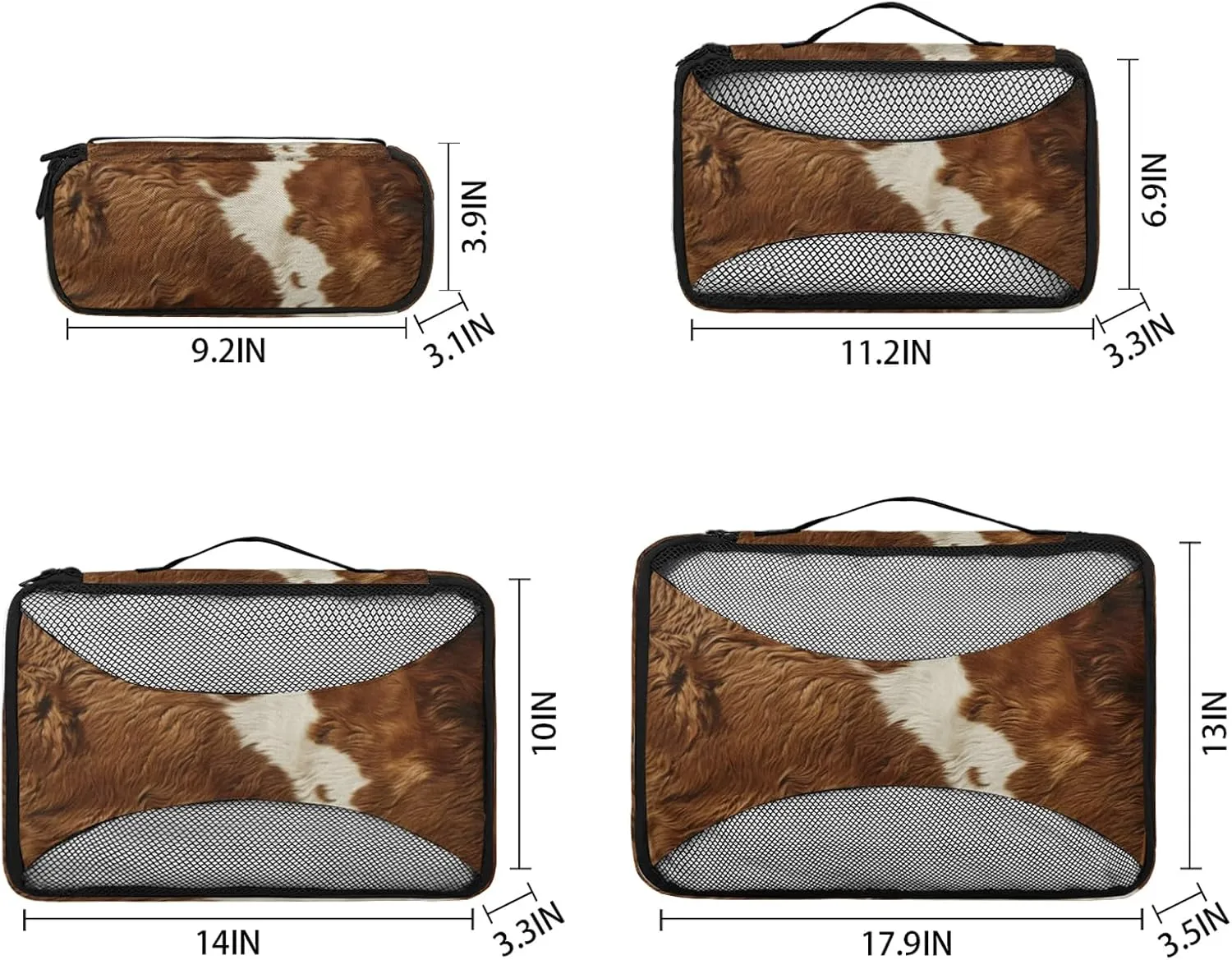 Cow Print Packing Cubes for Travel Farm Animal Fur 4 Set Luggage Mesh Organizer Packing Cubes for Travel Essentials Carry On Suitcase