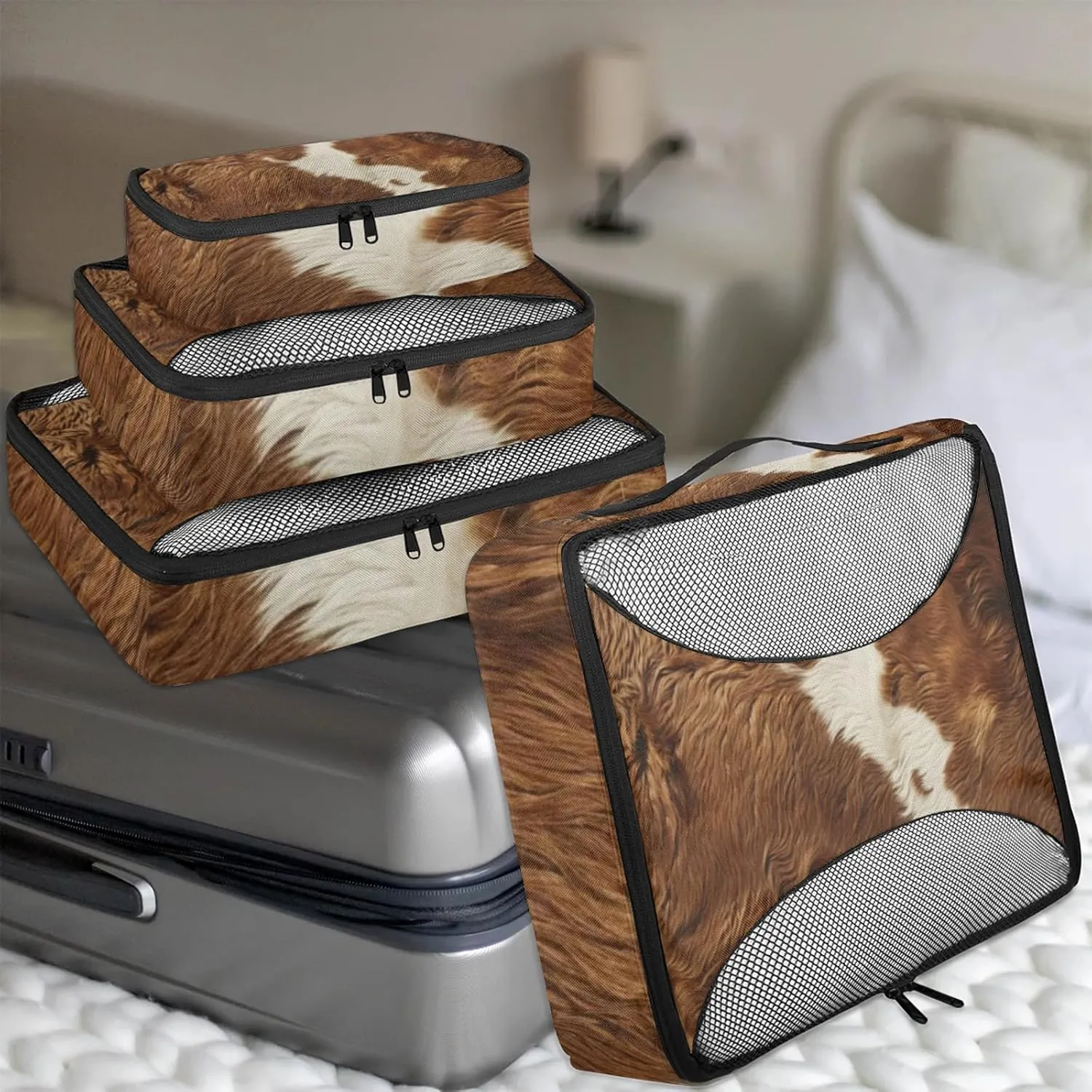 Cow Print Packing Cubes for Travel Farm Animal Fur 4 Set Luggage Mesh Organizer Packing Cubes for Travel Essentials Carry On Suitcase