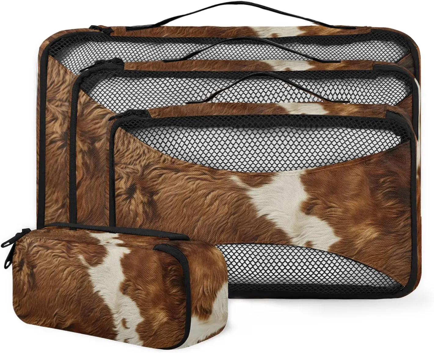 Cow Print Packing Cubes for Travel Farm Animal Fur 4 Set Luggage Mesh Organizer Packing Cubes for Travel Essentials Carry On Suitcase