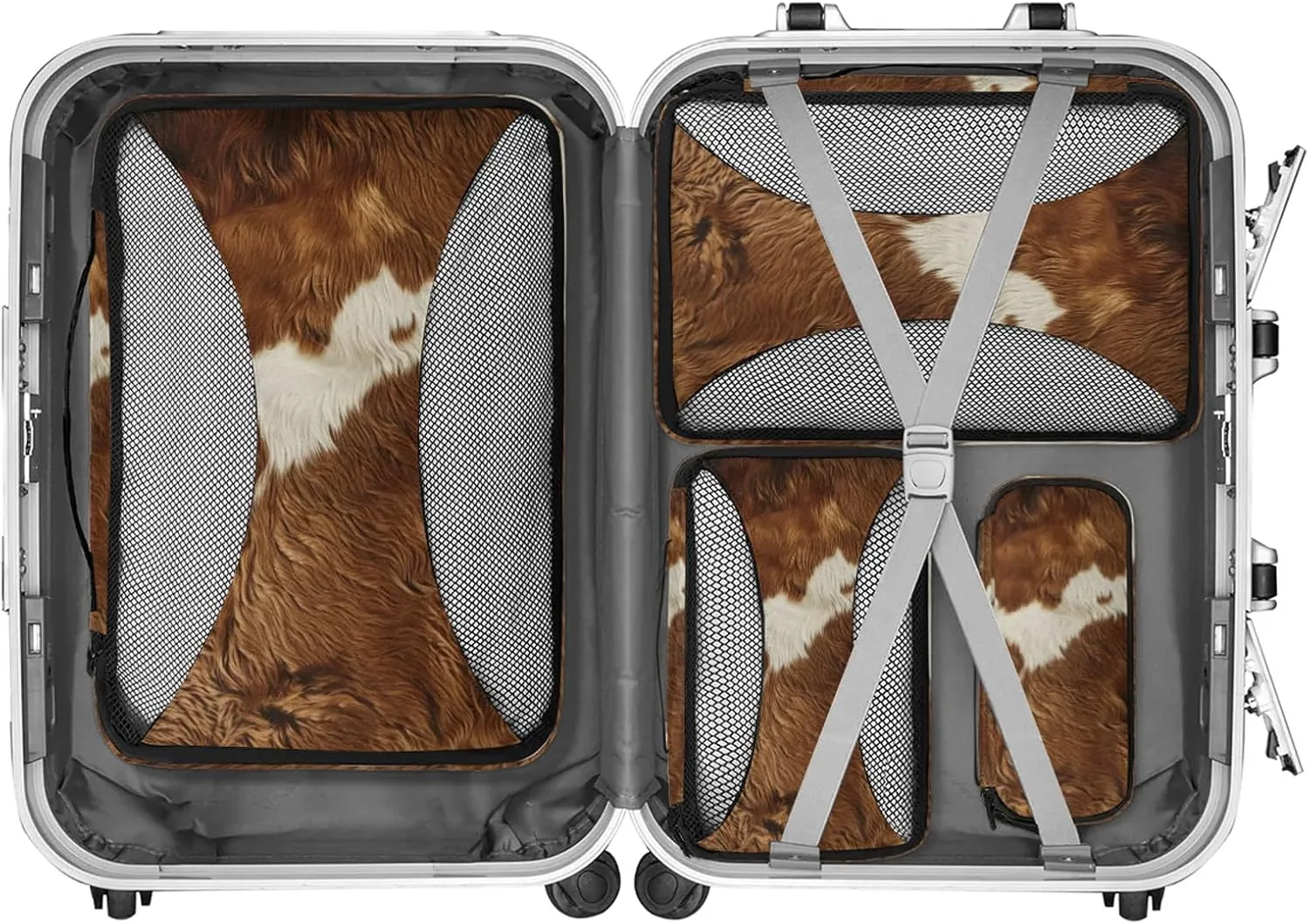 Cow Print Packing Cubes for Travel Farm Animal Fur 4 Set Luggage Mesh Organizer Packing Cubes for Travel Essentials Carry On Suitcase