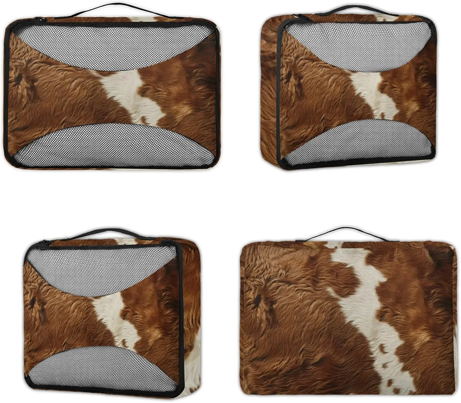 Cow Print Packing Cubes for Travel Farm Animal Fur 4 Set Luggage Mesh Organizer Packing Cubes for Travel Essentials Carry On Suitcase