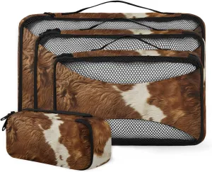 Cow Print Packing Cubes for Travel Farm Animal Fur 4 Set Luggage Mesh Organizer Packing Cubes for Travel Essentials Carry On Suitcase