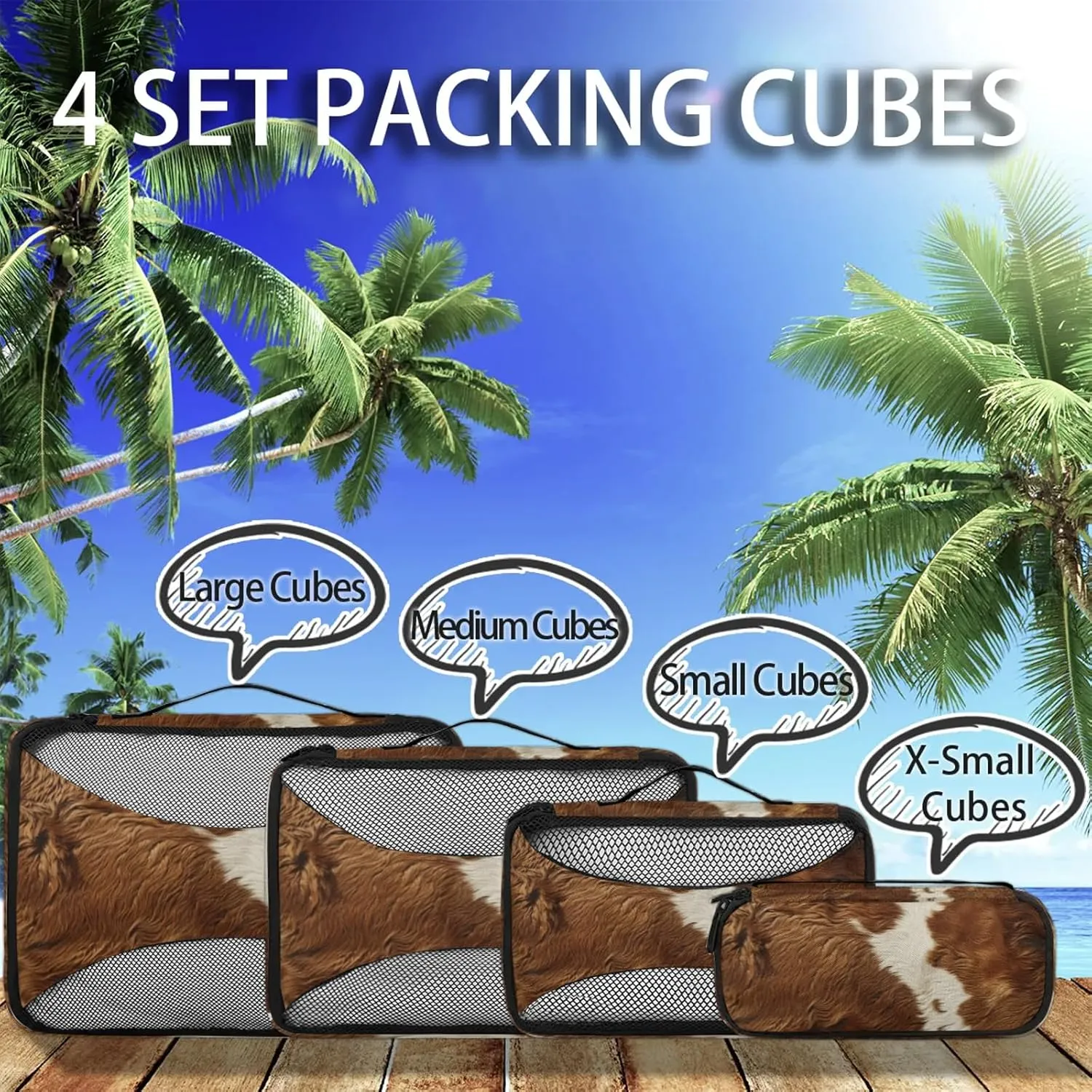 Cow Print Packing Cubes for Travel Farm Animal Fur 4 Set Luggage Mesh Organizer Packing Cubes for Travel Essentials Carry On Suitcase