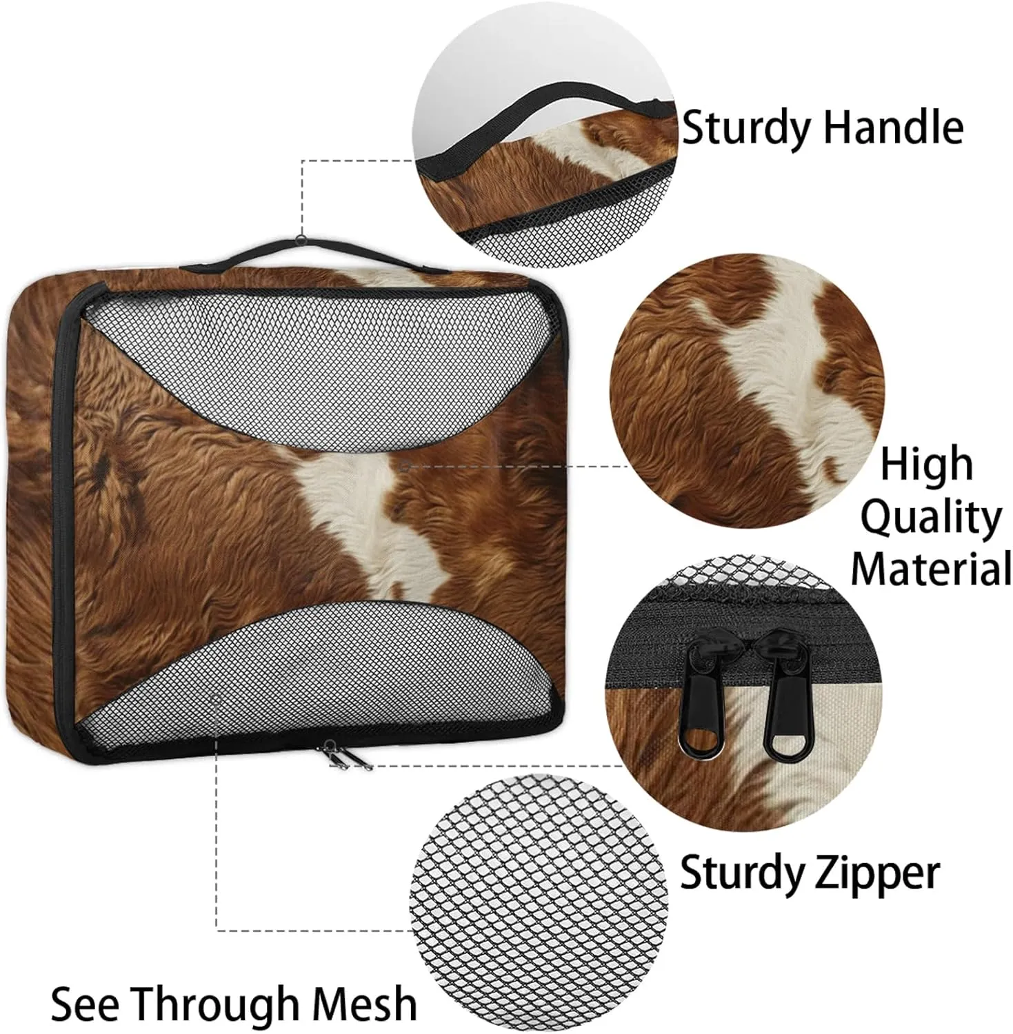 Cow Print Packing Cubes for Travel Farm Animal Fur 4 Set Luggage Mesh Organizer Packing Cubes for Travel Essentials Carry On Suitcase