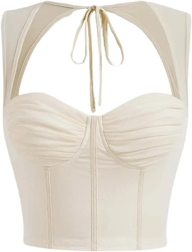 COZYEASE Women's Tie Back Sweetheart Neck Ruched Crop Tank Top Sleeveless Bustier Tops