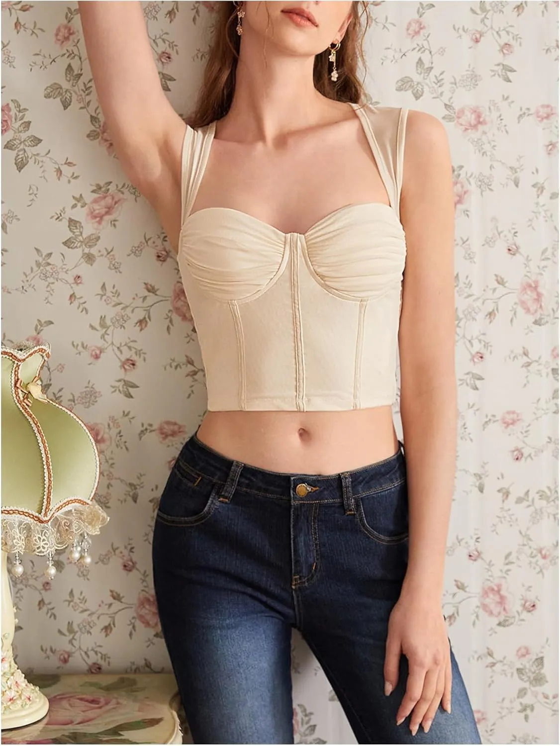 COZYEASE Women's Tie Back Sweetheart Neck Ruched Crop Tank Top Sleeveless Bustier Tops