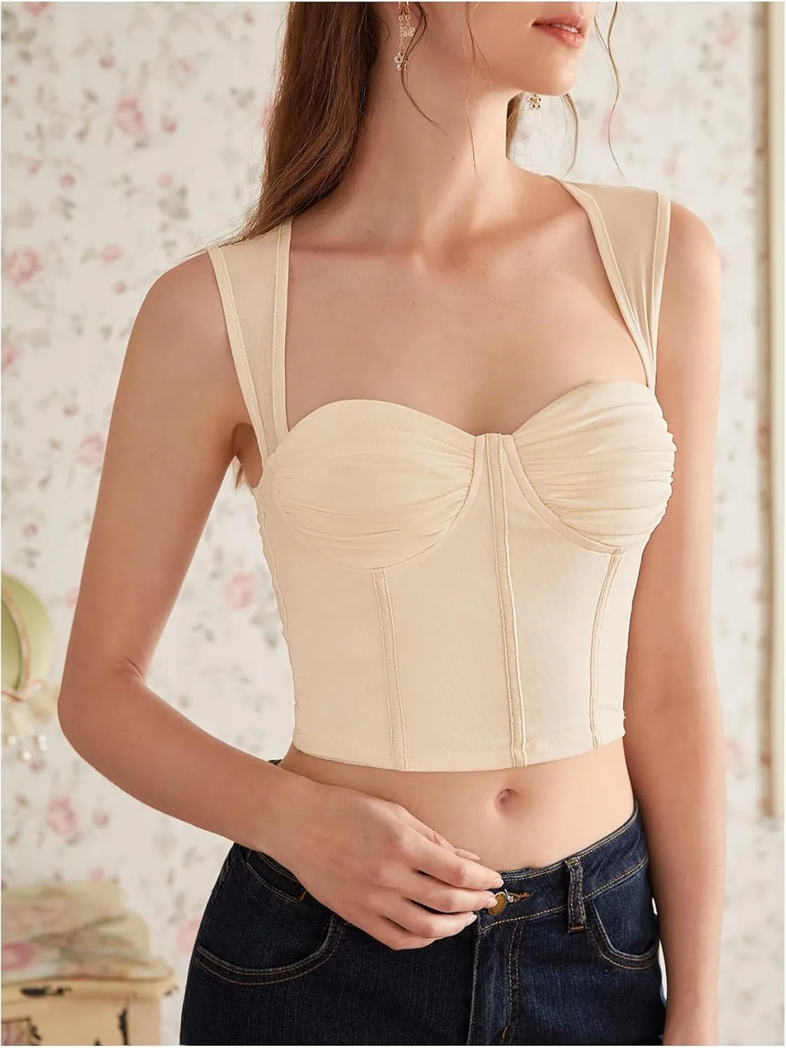 COZYEASE Women's Tie Back Sweetheart Neck Ruched Crop Tank Top Sleeveless Bustier Tops