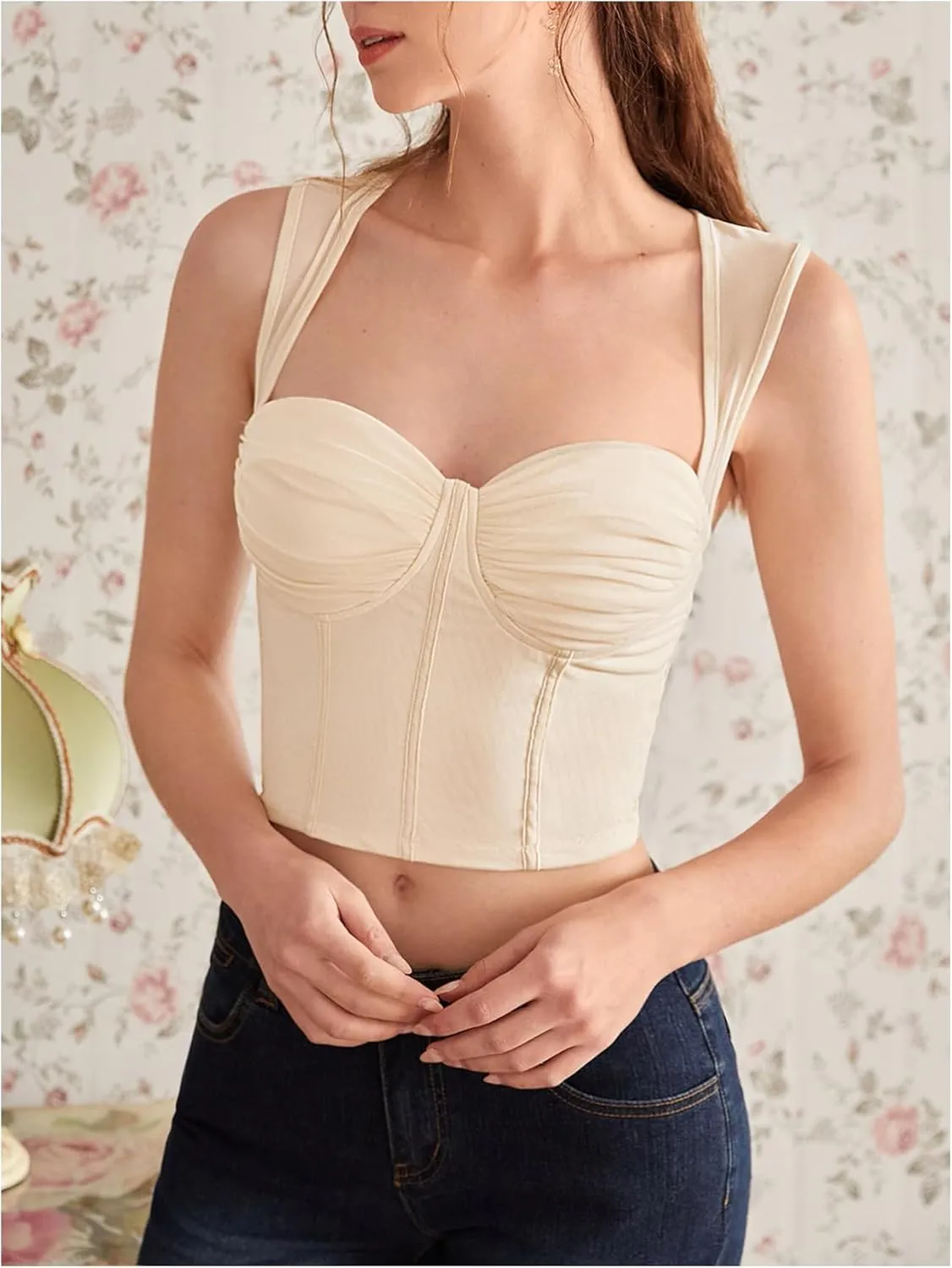 COZYEASE Women's Tie Back Sweetheart Neck Ruched Crop Tank Top Sleeveless Bustier Tops