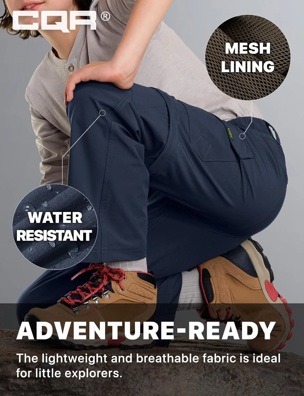 CQR Kids Youth Hiking Cargo Pants, UPF 50  Quick Dry Convertible Zip Off Pants, Outdoor Camping Pants
