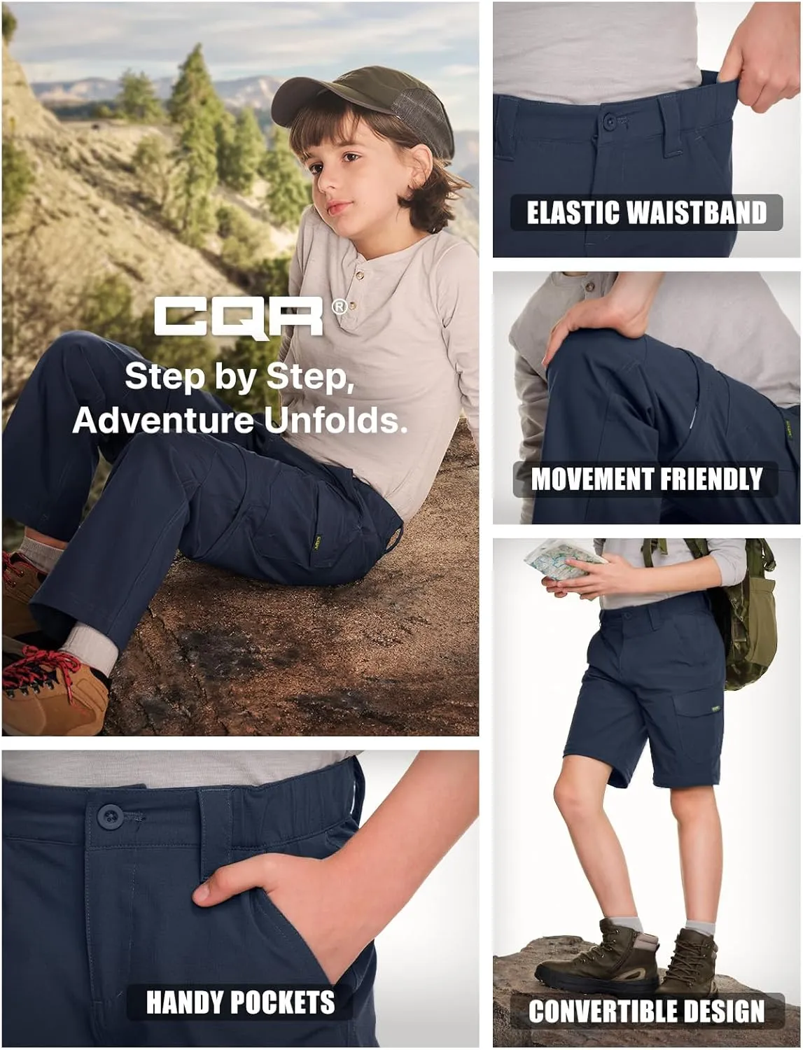 CQR Kids Youth Hiking Cargo Pants, UPF 50  Quick Dry Convertible Zip Off Pants, Outdoor Camping Pants