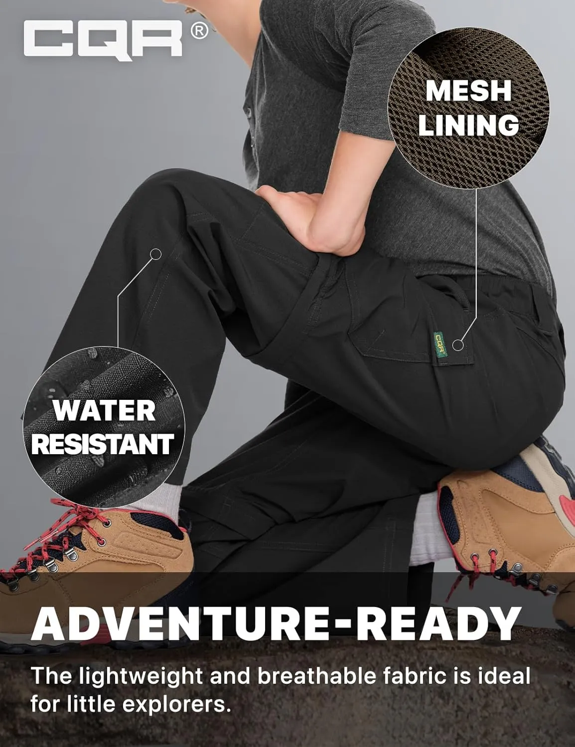 CQR Kids Youth Hiking Cargo Pants, UPF 50  Quick Dry Convertible Zip Off Pants, Outdoor Camping Pants