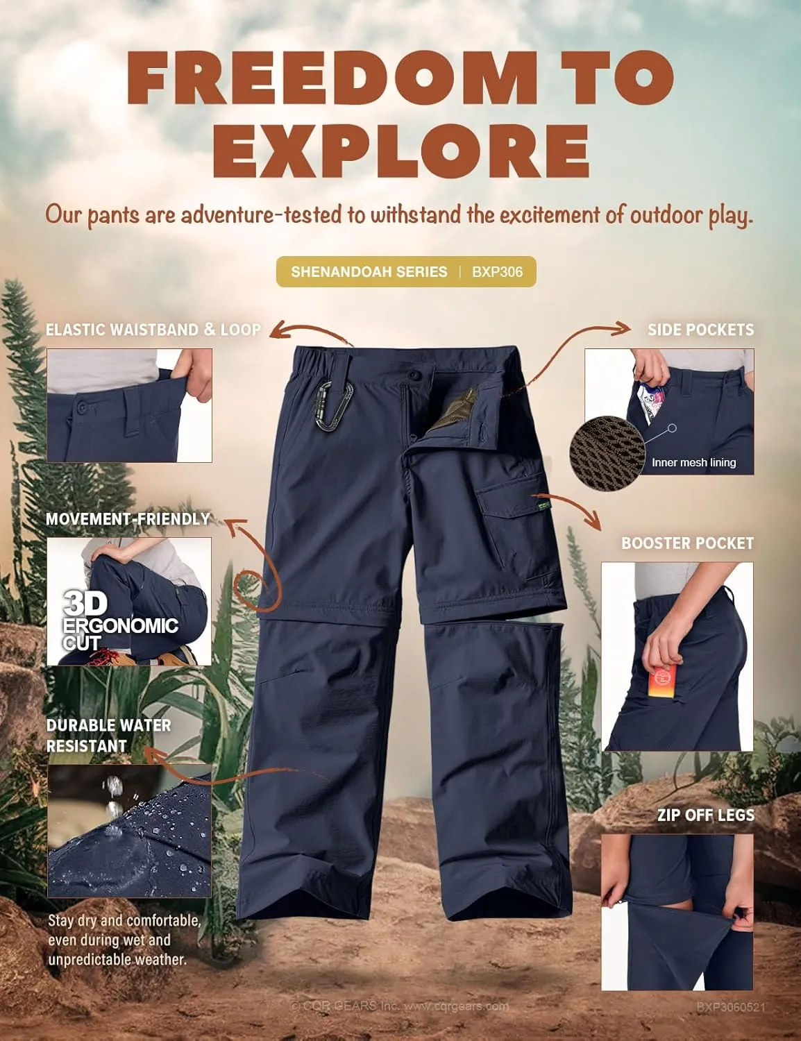 CQR Kids Youth Hiking Cargo Pants, UPF 50  Quick Dry Convertible Zip Off Pants, Outdoor Camping Pants