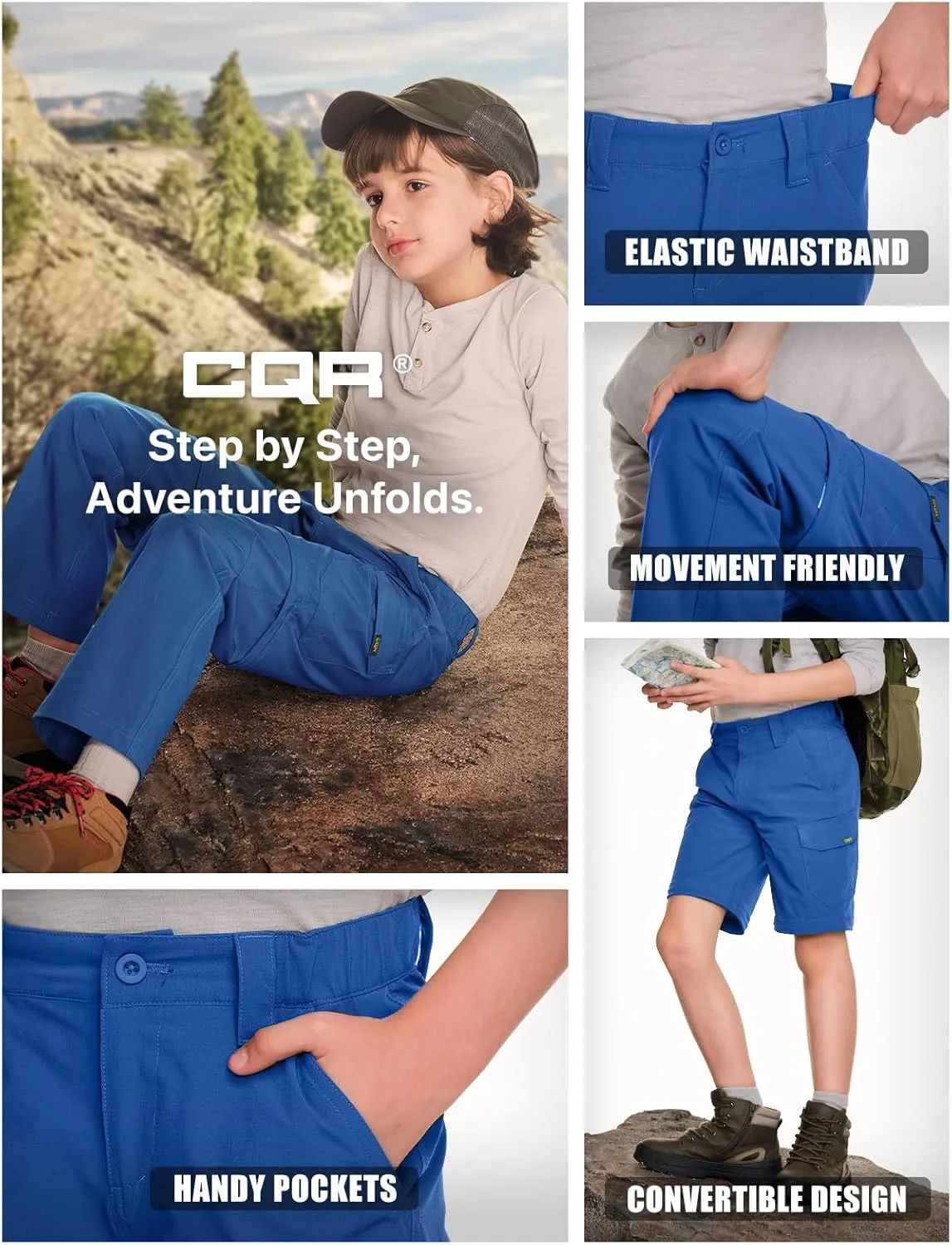 CQR Kids Youth Hiking Cargo Pants, UPF 50  Quick Dry Convertible Zip Off Pants, Outdoor Camping Pants