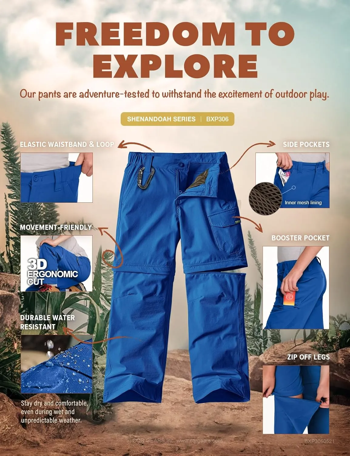 CQR Kids Youth Hiking Cargo Pants, UPF 50  Quick Dry Convertible Zip Off Pants, Outdoor Camping Pants