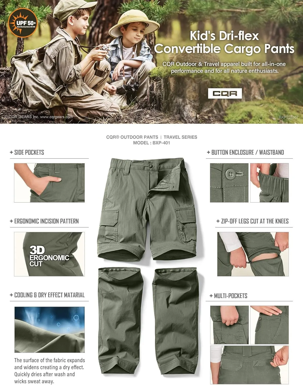 CQR Kids Youth Hiking Cargo Pants, UPF 50  Quick Dry Convertible Zip Off Pants, Outdoor Camping Pants