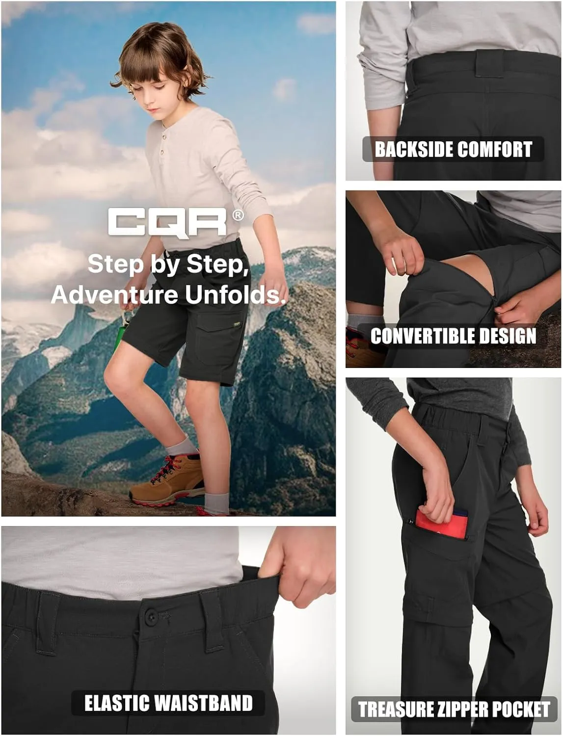 CQR Kids Youth Hiking Cargo Pants, UPF 50  Quick Dry Convertible Zip Off Pants, Outdoor Camping Pants
