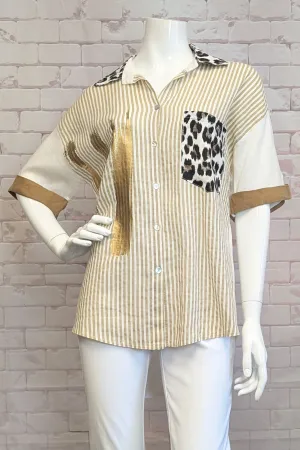 CREAM MULTI STRIPE SHIRT WITH LEOPARD