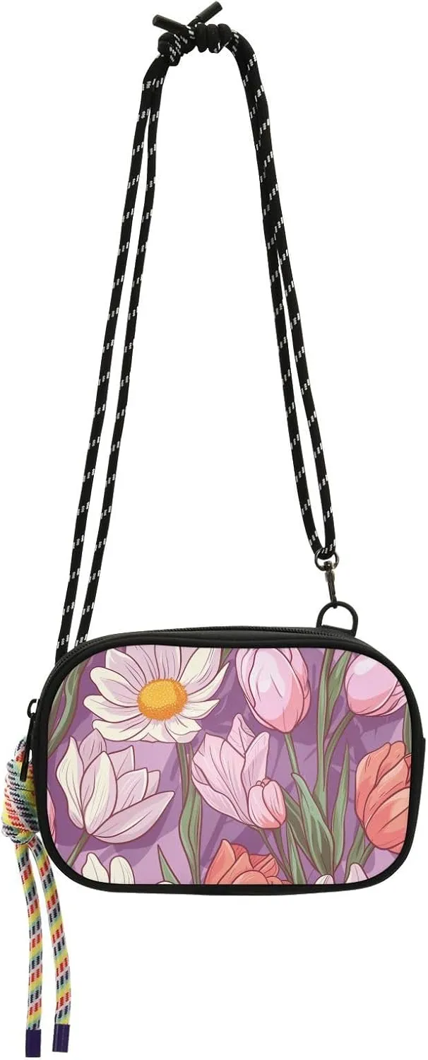 Crossbody Bag Daisies and Tulips Purple Cell Phone Purse Wallet with Credit Card Slots Multicolor Handbag with Adjustable Strap Fits Phone Keys And More
