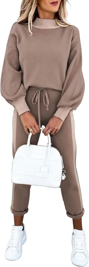 Cutiefox Women's 2 Piece Sweatsuit Outfits Lantern Sleeve Pullover Tops and High Waist Jogger Pants Lounge Sets