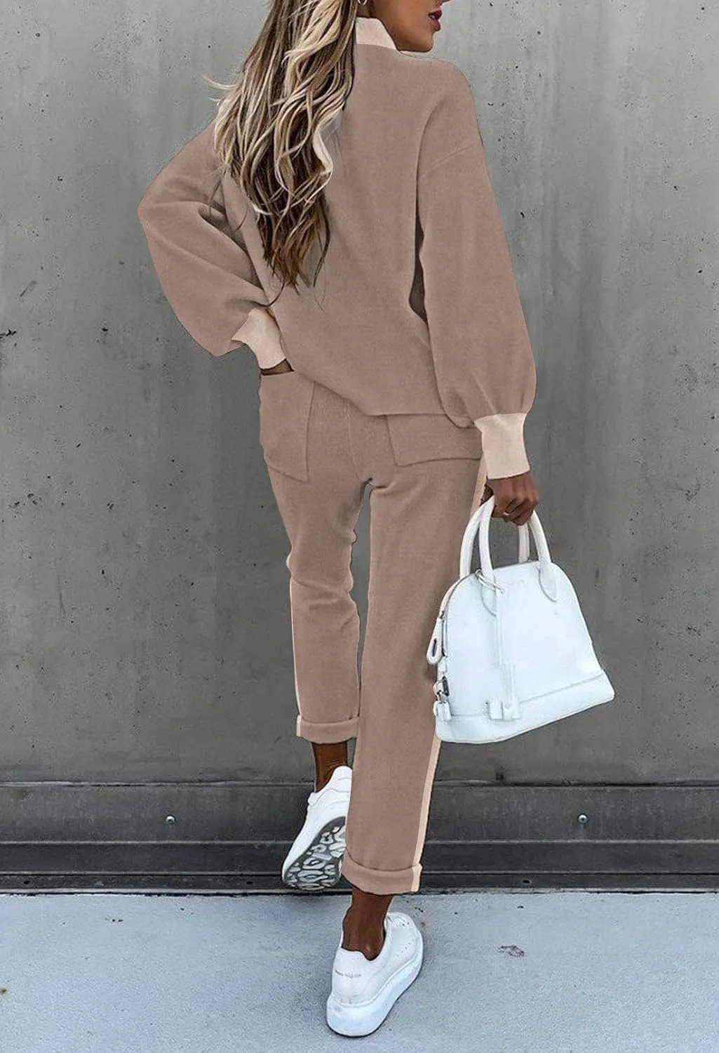 Cutiefox Women's 2 Piece Sweatsuit Outfits Lantern Sleeve Pullover Tops and High Waist Jogger Pants Lounge Sets