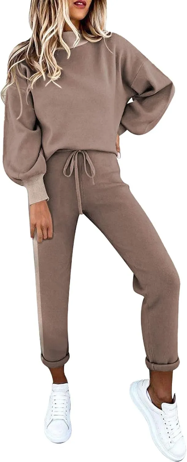Cutiefox Women's 2 Piece Sweatsuit Outfits Lantern Sleeve Pullover Tops and High Waist Jogger Pants Lounge Sets