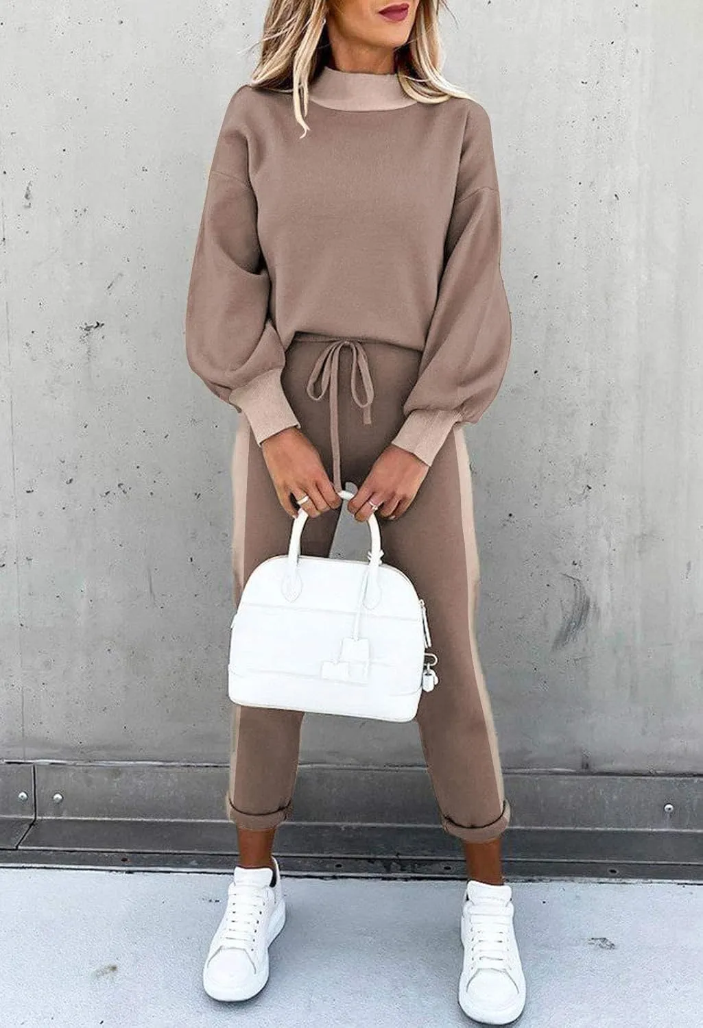 Cutiefox Women's 2 Piece Sweatsuit Outfits Lantern Sleeve Pullover Tops and High Waist Jogger Pants Lounge Sets