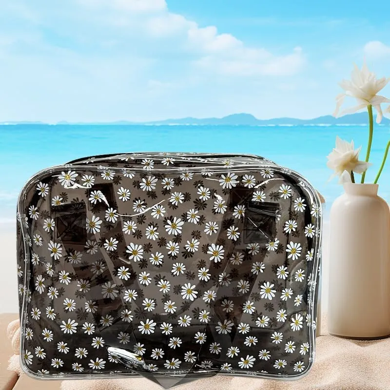 Daisy pattern PVC washing cosmetic bag portable for travel, storage cosmetics and skin care products 10.24"x3.94"x7.48 (D1114-6-B097-7582-10)