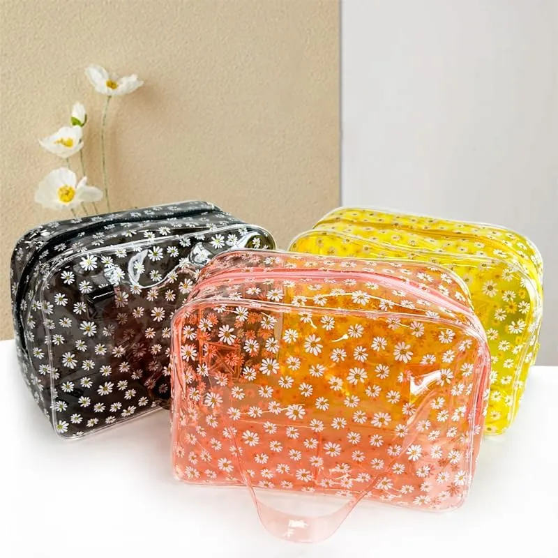 Daisy pattern PVC washing cosmetic bag portable for travel, storage cosmetics and skin care products 10.24"x3.94"x7.48 (D1114-6-B097-7582-10)