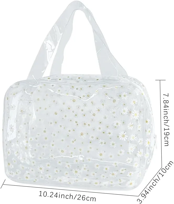 Daisy pattern PVC washing cosmetic bag portable for travel, storage cosmetics and skin care products 10.24"x3.94"x7.48 (D1114-6-B097-7582-10)